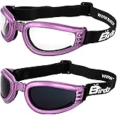 Birdz 2 Pairs of Eyewear Cardinal Women's Pink Padded Motorcycle Goggles with Super Dark & Clear Lenses