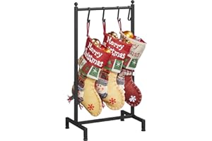 ELYKEN Christmas Stocking Holder Stand for Floor, Free Standing Stocking Rack with 4 Removable Hooks, Heavy Duty Metal Small Xmas Stocking Stand with Adjustable Feet, Black