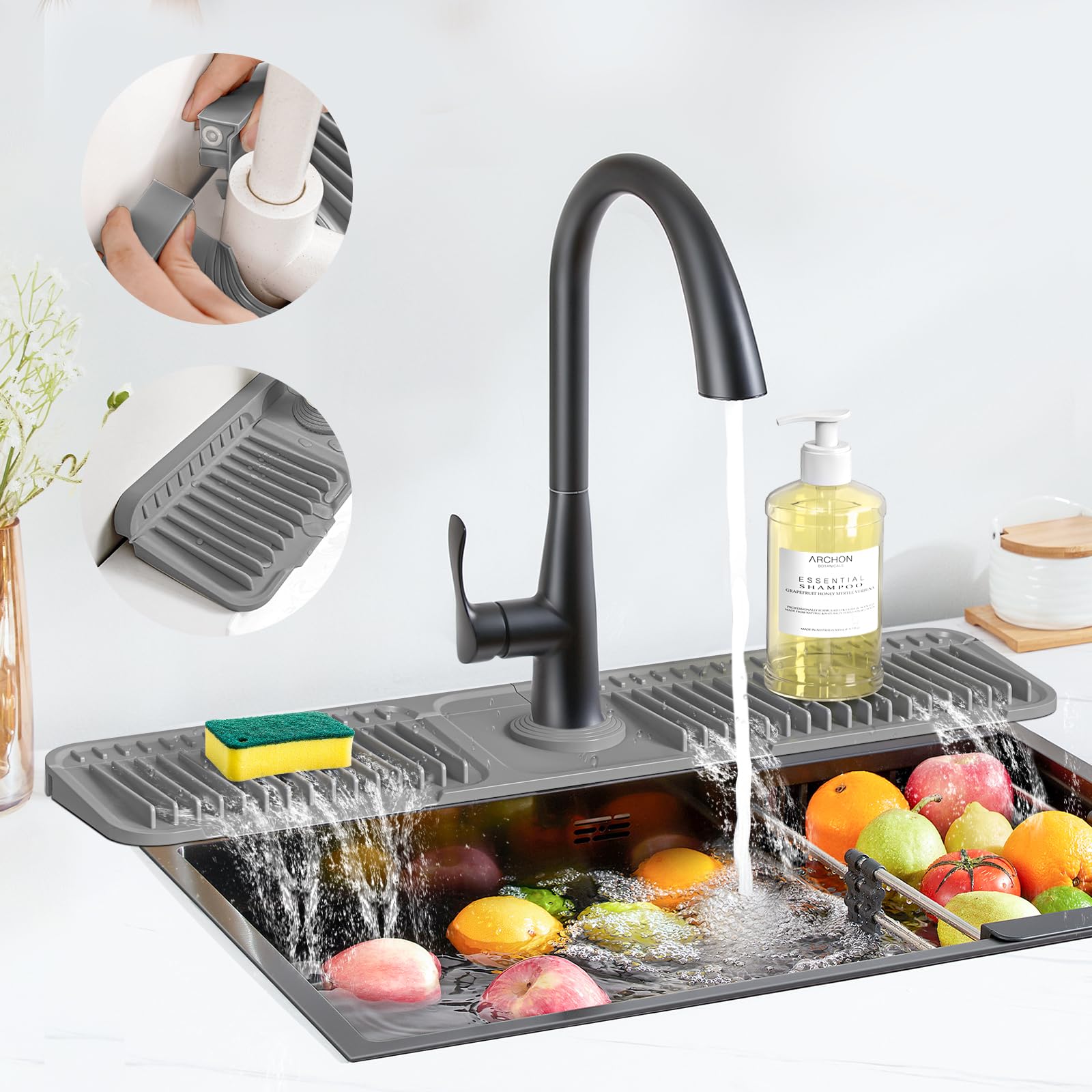 Photo 1 of PoYang 24 inch Faucet Mat for Kitchen Sink Splash Guard, 7° Slope Silicone Sink Water Splash Guard for Kitchen Sink Area with Snap Button, Longer Sink Protectors for kitchen Sink Sponge Holder, Grey