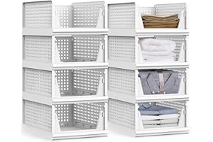 YAZI Stackable Storage Bins,8 Pack Foldable Plastic Wardrobe Clothes Organizer Drawer Shelf Storage Basket Container Plastic Drawer Organizer Shelf Baskets Folding Containers Bins Cubes
