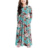 storeofbaby Girls Casual Maxi Floral Dress Long Sleeve Holiday Dresses with Pockets