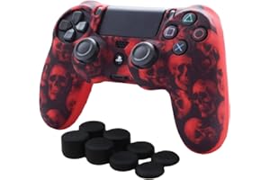 Skin Compatible for PS4 Controller Pandaren Anti-Slip Silicone Cover Skin PS4 Grip Set for PS4 /Slim/PRO Controller(Red Skull Controller Skin x 1 + FPS PRO Thumb Grips x 8)