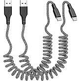 Eettvekd Coiled Carplay Car Charger Fast Charging，[2-Pack, 3ft] Retractable Braid USB A to USB C Cable for iPhone 17/17 Air/16/15/Plus/Pro Max/MacBook Pro, USB C Cord,Grey