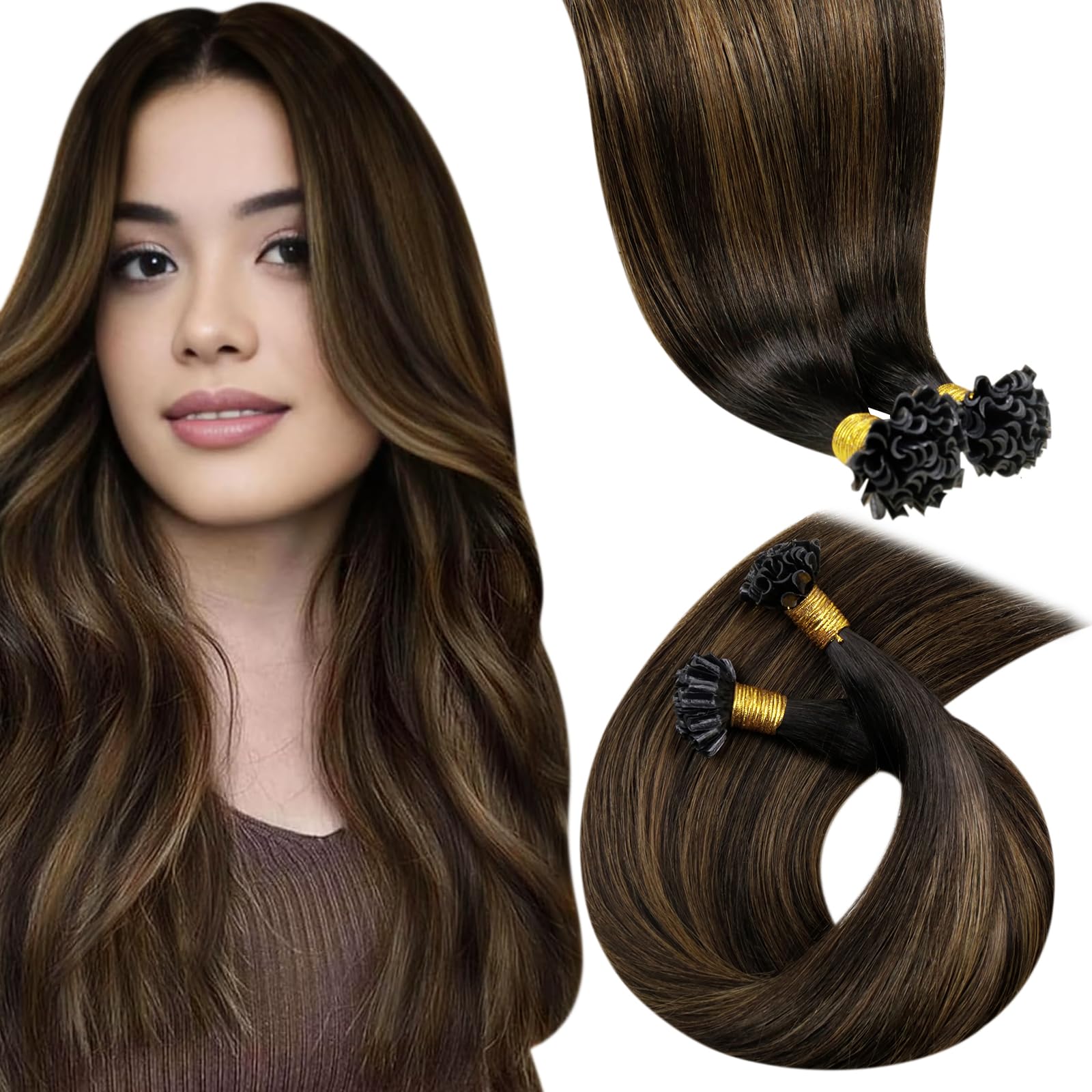 LaaVoo Real Human Hair Extensions U Tip Brown, Remy Straight Balayage Darkest Brown to Light Brown Real Hair Extensions, Hot Fusion for Invisible & Stable 50s 50g 22 Inch #2/8/2 — image 1