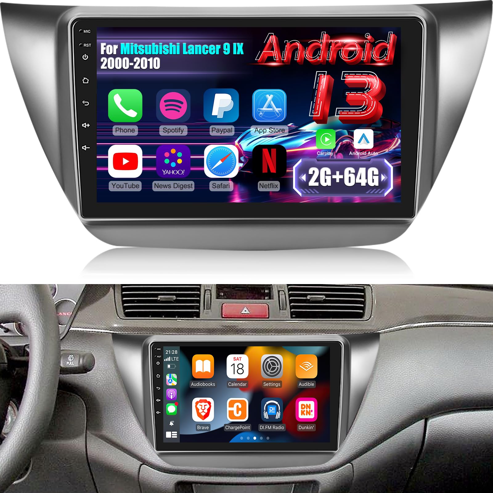 Photo 1 of [2G+64G] Radio for Mitsubishi Lancer 9 IX 2000-2010, Android 13 Car Stereo with 9 inch Touch Screen, Carplay/Android Auto/1080P/Bluetooth/WiFi +AHD Backup Camera