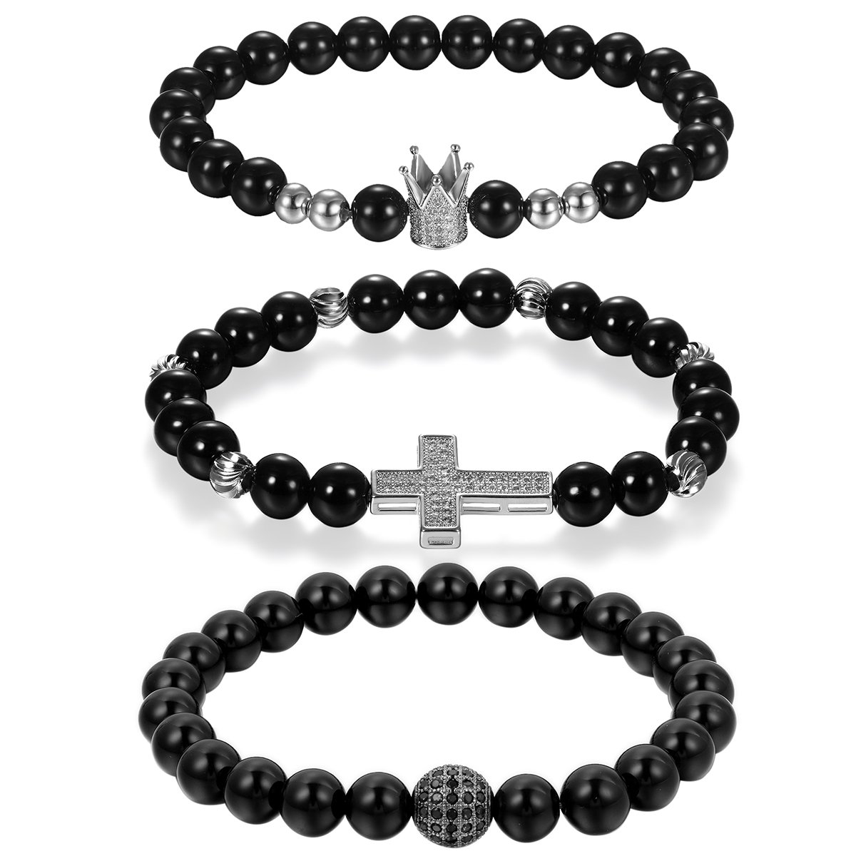 Cupimatch 3PCS Men's Womens Crown Cross Lucky Beads Stone CZ Charm Black 8MM Imitation Agate Beaded Buddha Bracelet