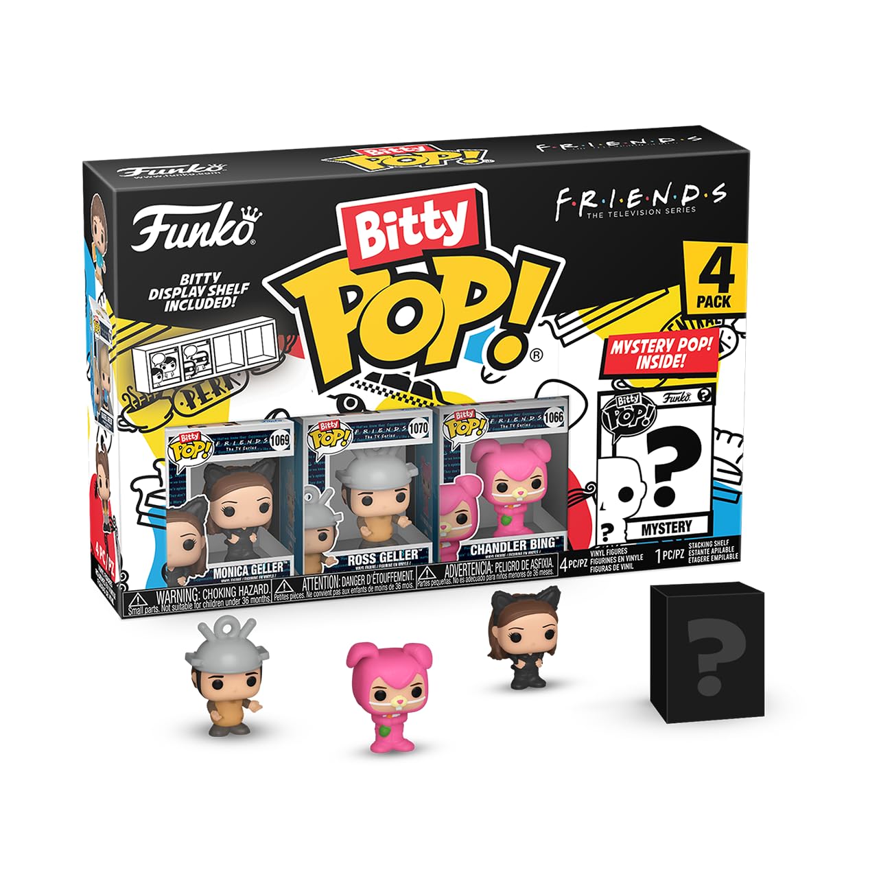 Funko Bitty Pop! Friends - Monica As Catwoman 4PK - Monica Geller, Ross Geller, Chandler Bing and A Surprise Mystery Mini Figure - Gift Idea - Cake Topper