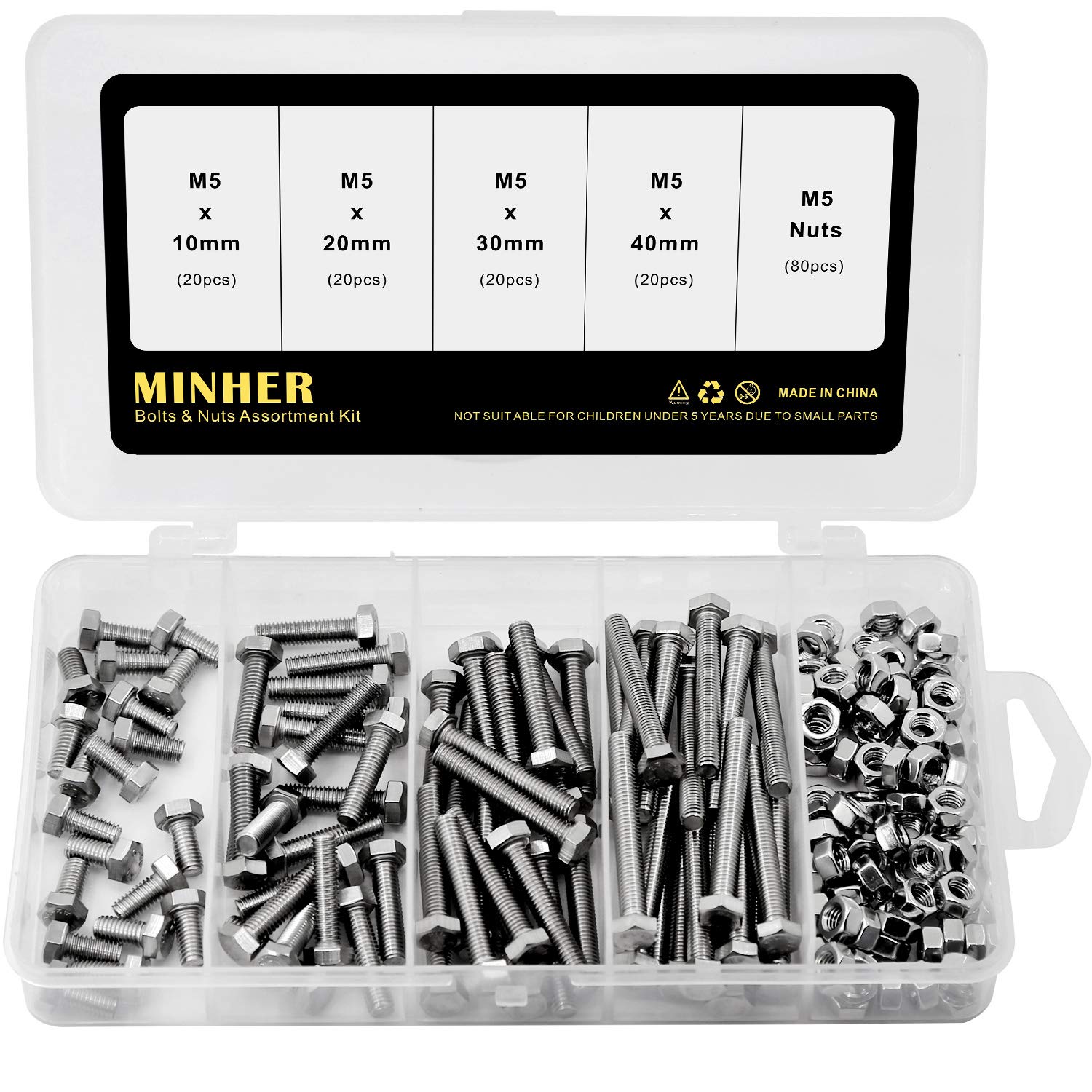M5 Hex Head Screws Bolts and Nuts Set, 304 Stainless Steel 18-8, Full Thread, Bright Finish, Machine Thread (10mm 20mm 30mm 40mm)