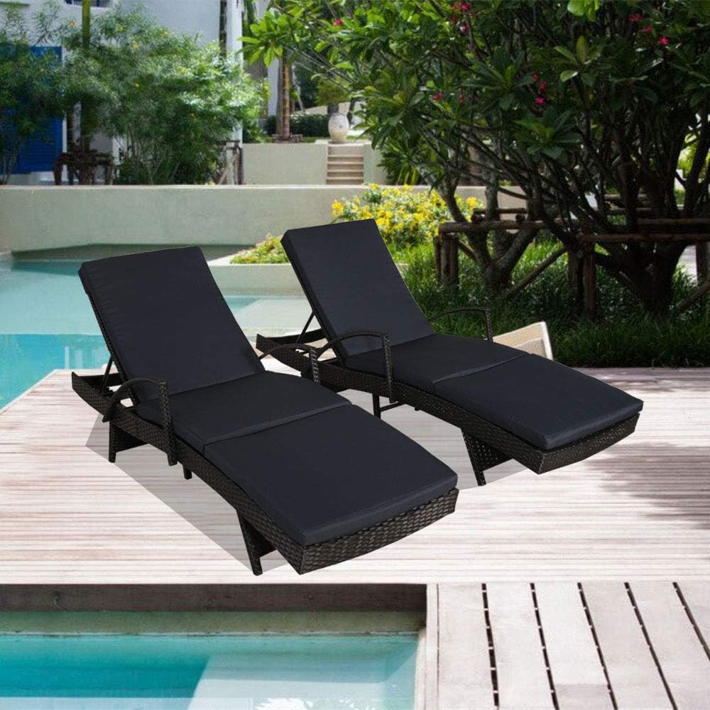 Patio Rattan Armed Lounge Chair Outdoor Wicker Garden Furniture Black Beach Swimming Pool Use Sunbed 2 Chairs and 2 Cushions and Covers (Navy)