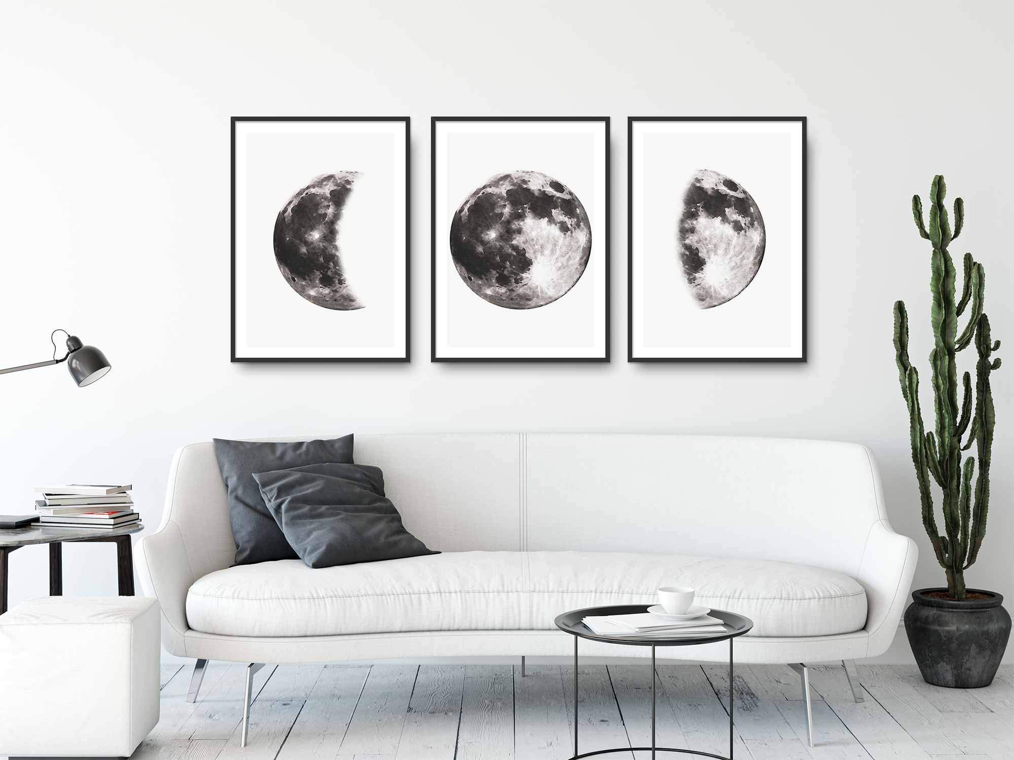 Set of 3 Moon Prints, Black Watercolour Effect, Unframed