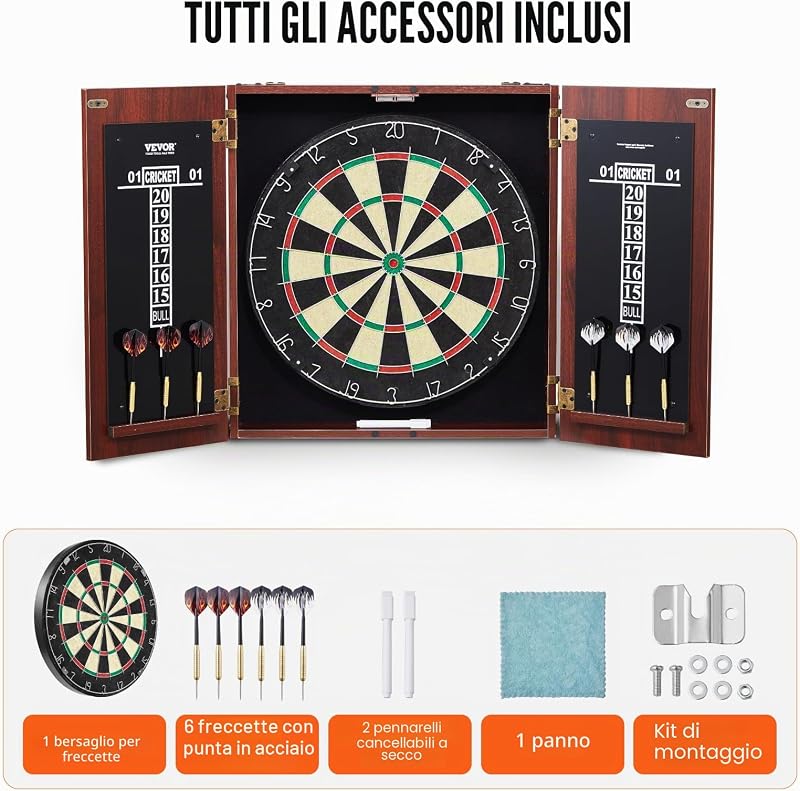 Set di Bersaglio e Mobiletto per Freccette, 45 x,3,8 cm Pronto per Giocare, Mobiletto per Freccette di Dimensioni Ufficiali con Punta in Acciaio, Completo di Tutti Accessori, per Partite Cricket