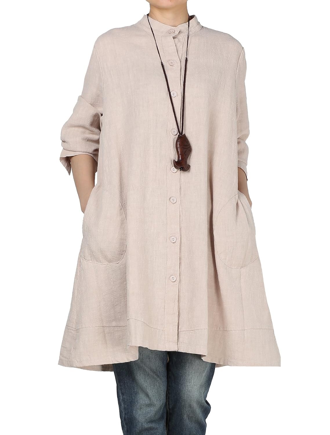 Vogstyle Women's Autumn Cotton Linen Full Front Buttons Shirt Dress