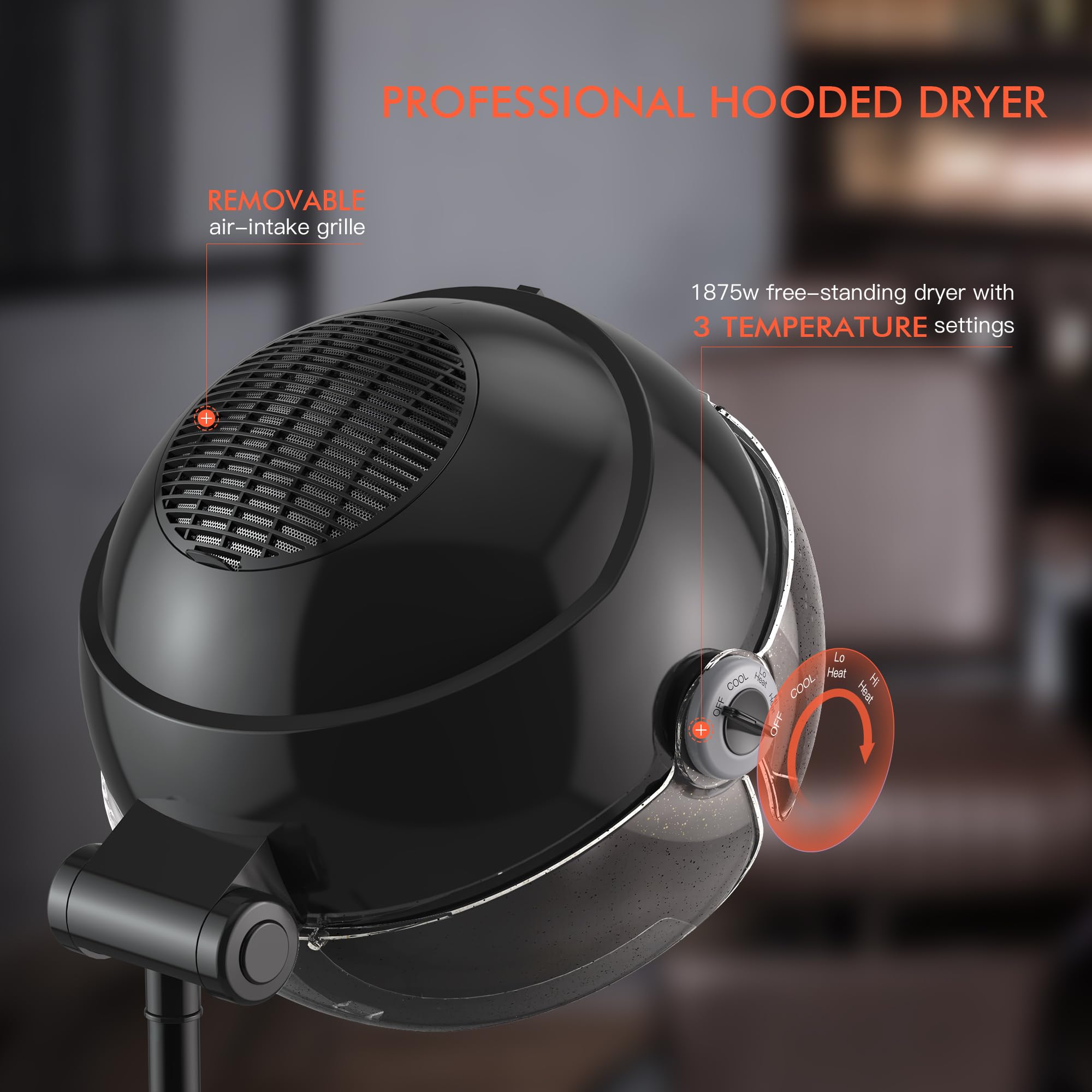 TASALON Ionic Hooded Hair Dryer - 1875W Bonnet Dryer with 3 Temperature Settings - Portable Standing Dryer for Home and Salon (Black)