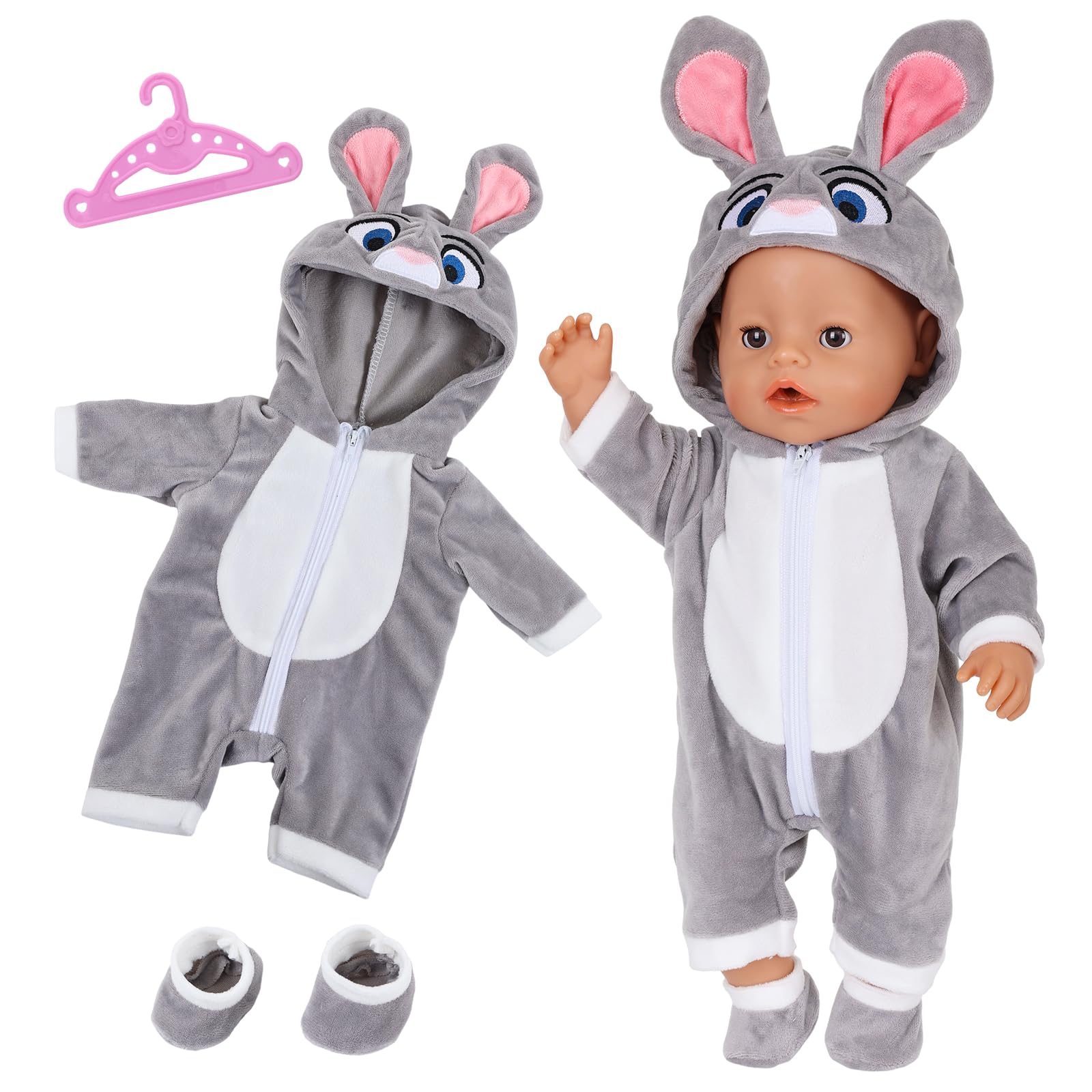 Doll Clothes Outfits Overalls for 14-17 Inch Baby Dolls, Gray Easter Bunny Hooded Doll Clothes with Hanger Socks, Clothes for 35-43cm Baby Dolls Christmas Birthday Gift for Girls Kids