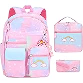 Youngsing Girls Backpack Set 3 IN 1,Cute Rainbow Kids Backpack with Insulated Lunch Box Pen Case Set Student School Bag(Pink-3 pieces set)