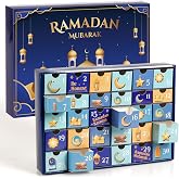 MOVINPE Ramdan Calendar with Drawers 2026 Ramadan Gifts for Kids, 30 Pre-Assembled Empty Boxes Eid Mubarak Coutdown Calendar Fillable Islamic Art Gift Box, Ramadan Party Supplies (Blue)
