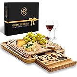 Premium Bamboo Cheese Board: Large Charcuterie Boards Set Including 4 Stainless Steel Knife & Wine Opener - Cheese Platter &