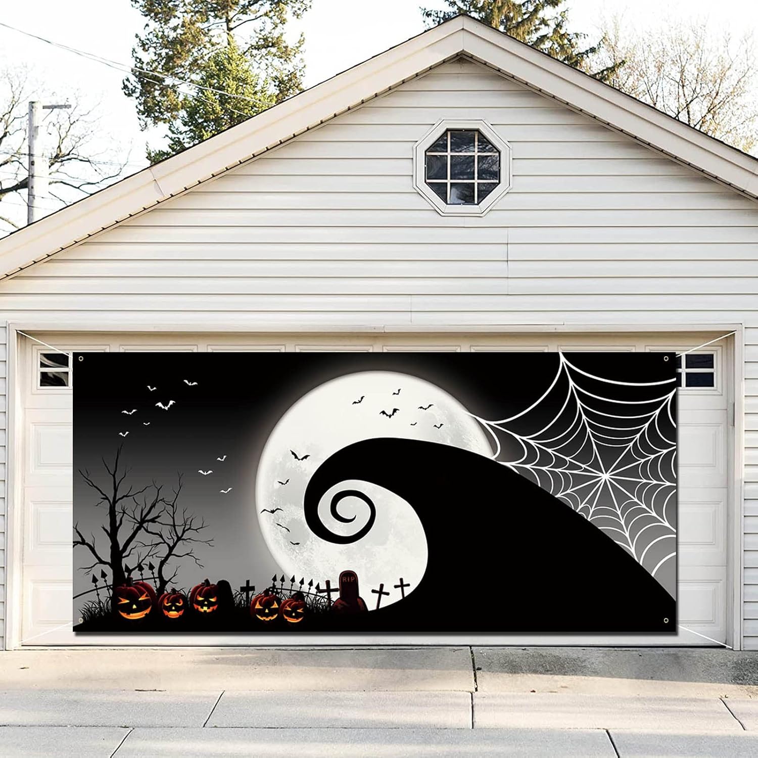 Garage Door Decorations - Happy Halloween Garage Door Banner Large Nightmare Before Christmas Garage Door Cover 6x13Ft Pumpkin Bat Moon Backdrop Holiday Background Sign for Halloween Indoor Outdoor Wall Door House Decor