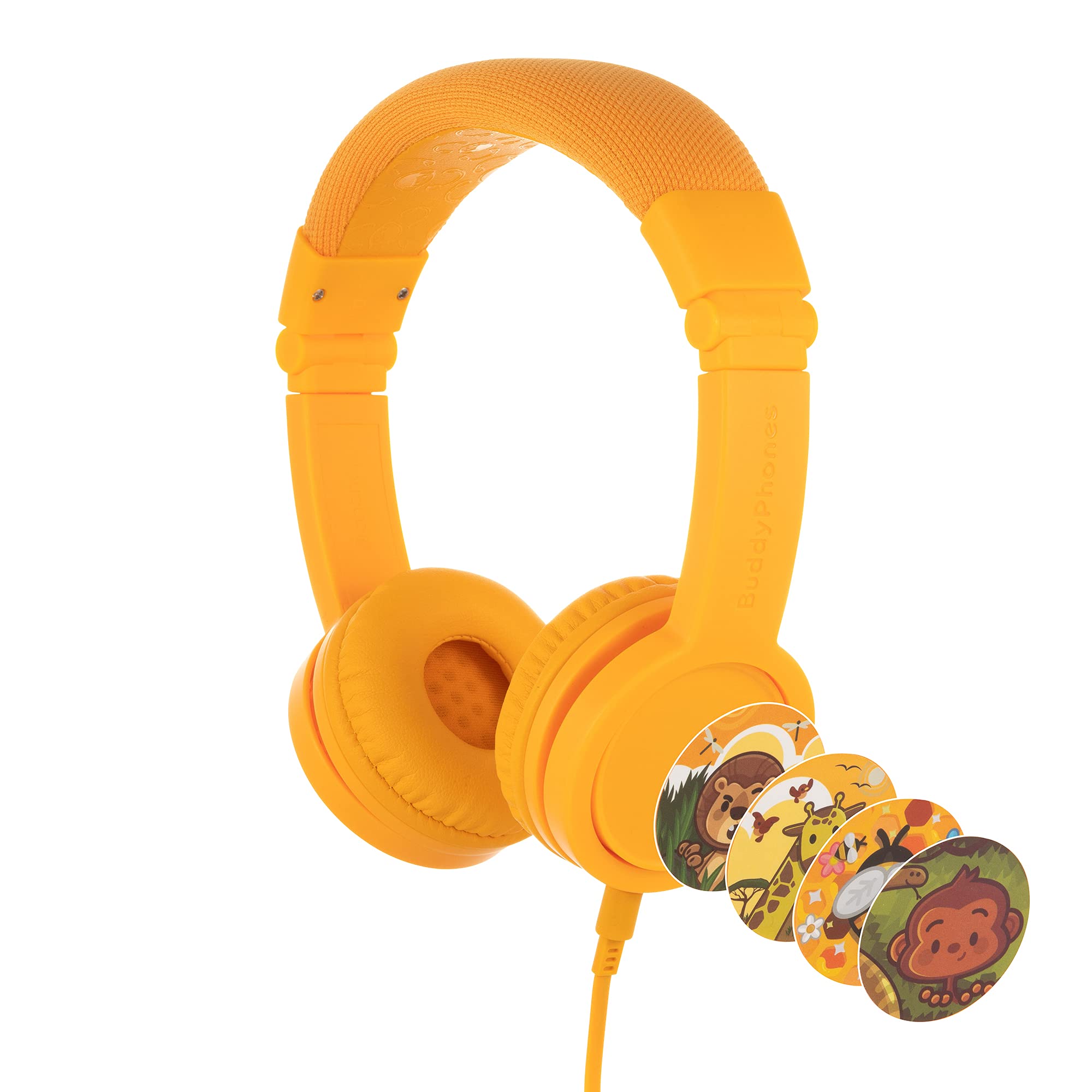 ONANOFF BuddyPhones Connect, Volume-Limiting Kids Headphones, Foldable and Durable, Built-in Mic, BuddyCable for Audio Sharing, Yellow
