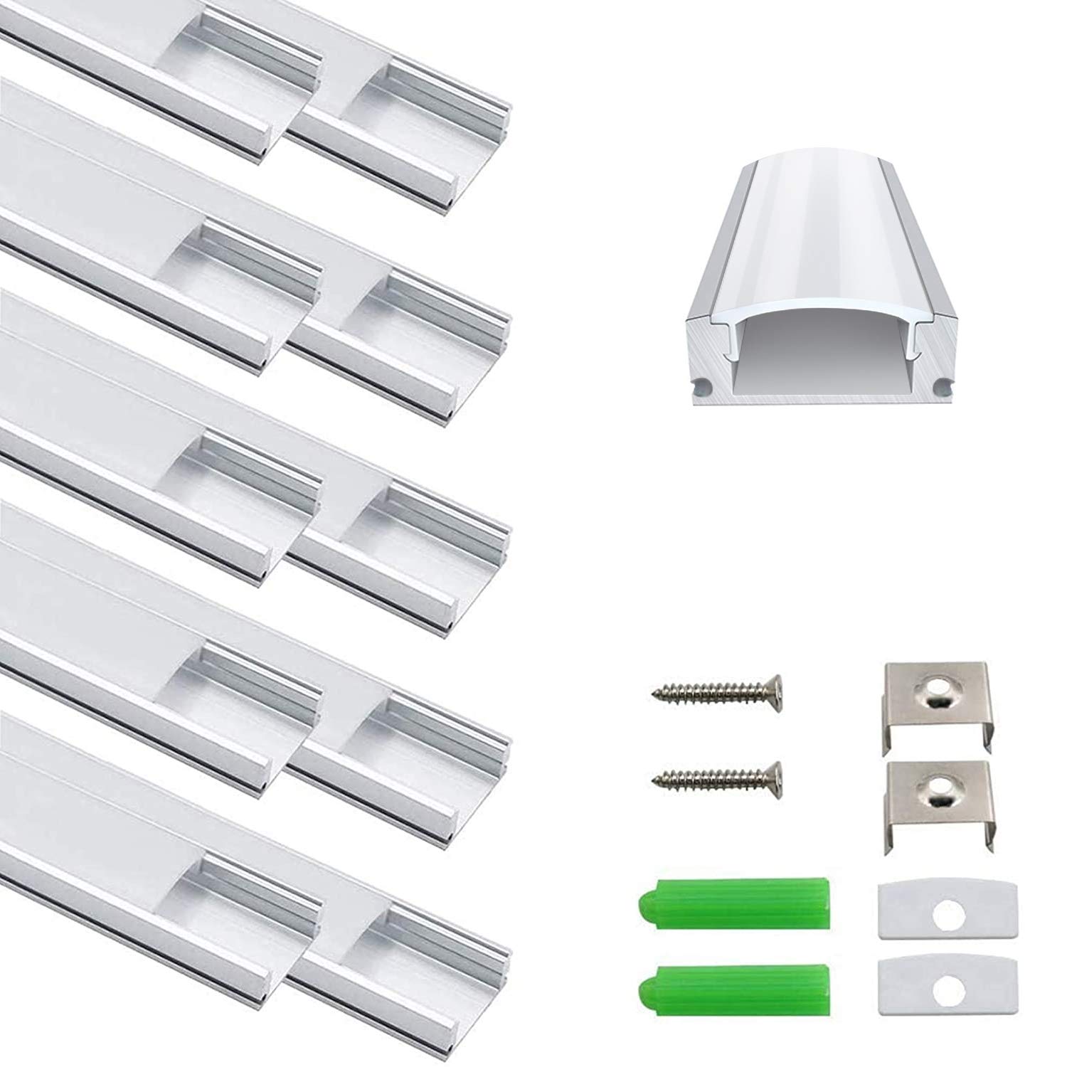 inShareplus LED Aluminum Channel System, 3.3ft/1 Meter, 10 Pack, Silver, U Shape with Milk White Cover, End Caps and Mounting Clips, Aluminum Profile for LED Strip Light Installation