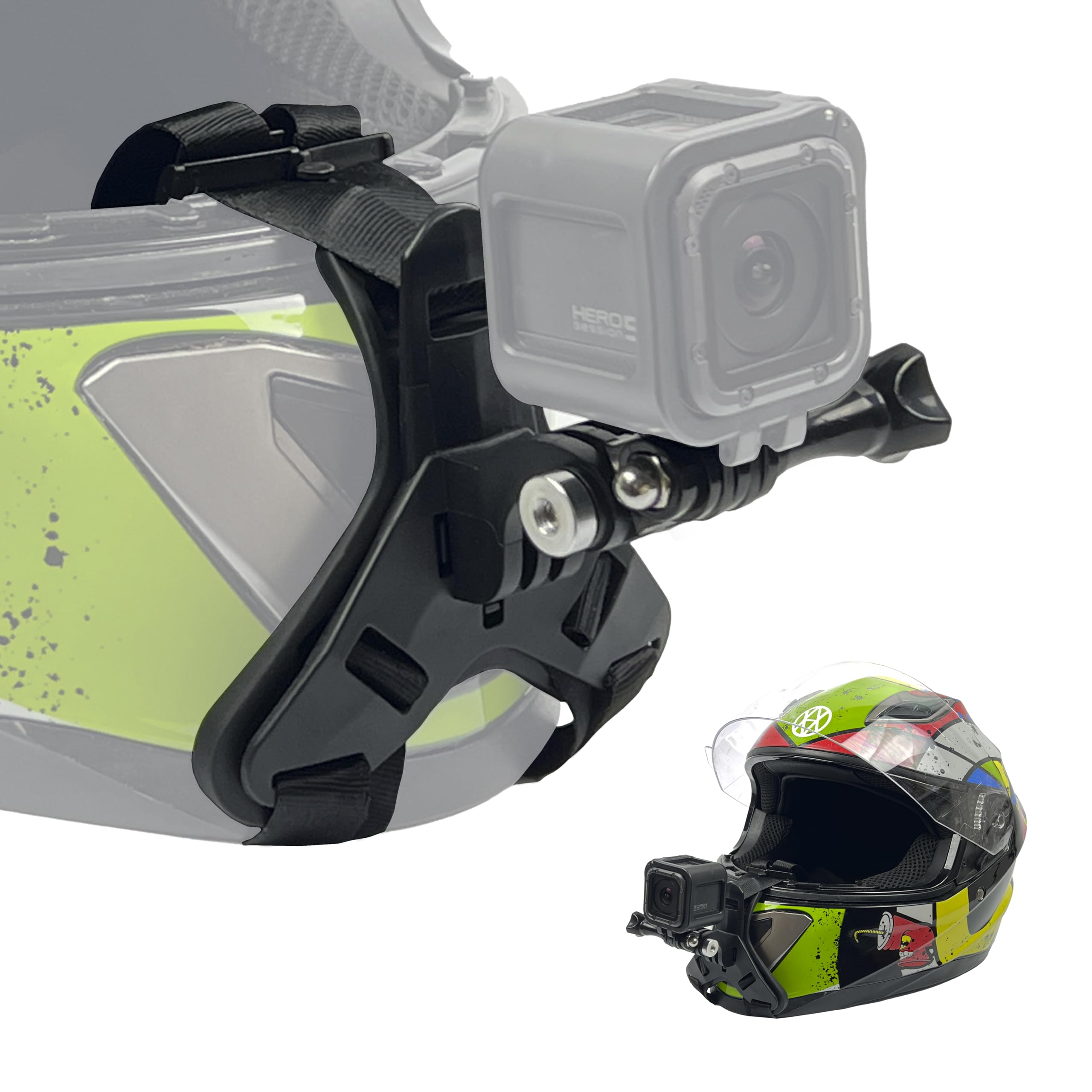 MyGadget Helmet Chin Mount for GoPro - [for Motorcycle/Quad] - Extra Strong Strap incl. J-Hook Screw - for e.g. Go Pro Hero 12 in Black