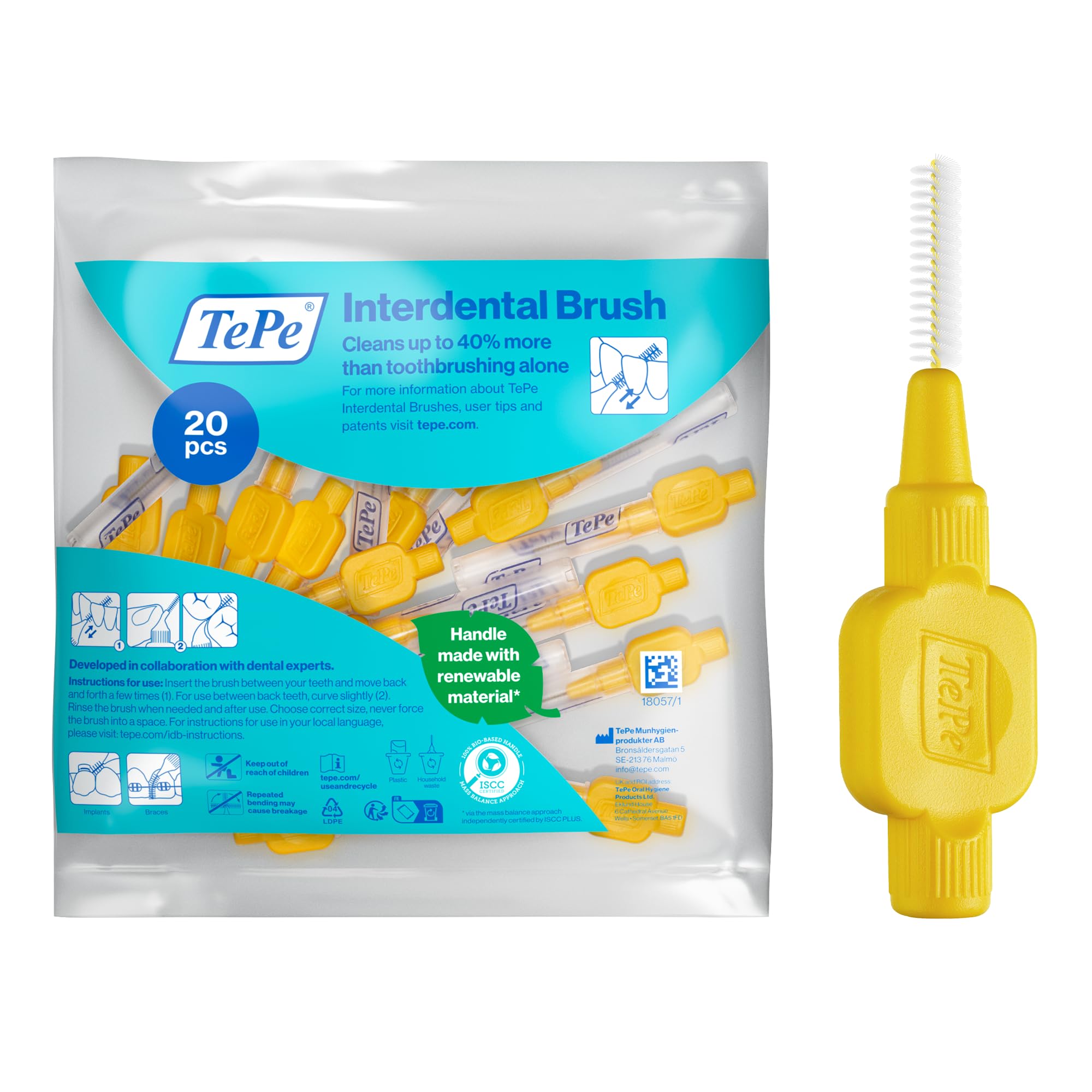TePe Interdental Brush, Original, Yellow, 0.7mm/ISO 4, 20pcs, efficient Cleaning Between Teeth, Plaque Remover and Dental flosser for Small Gaps