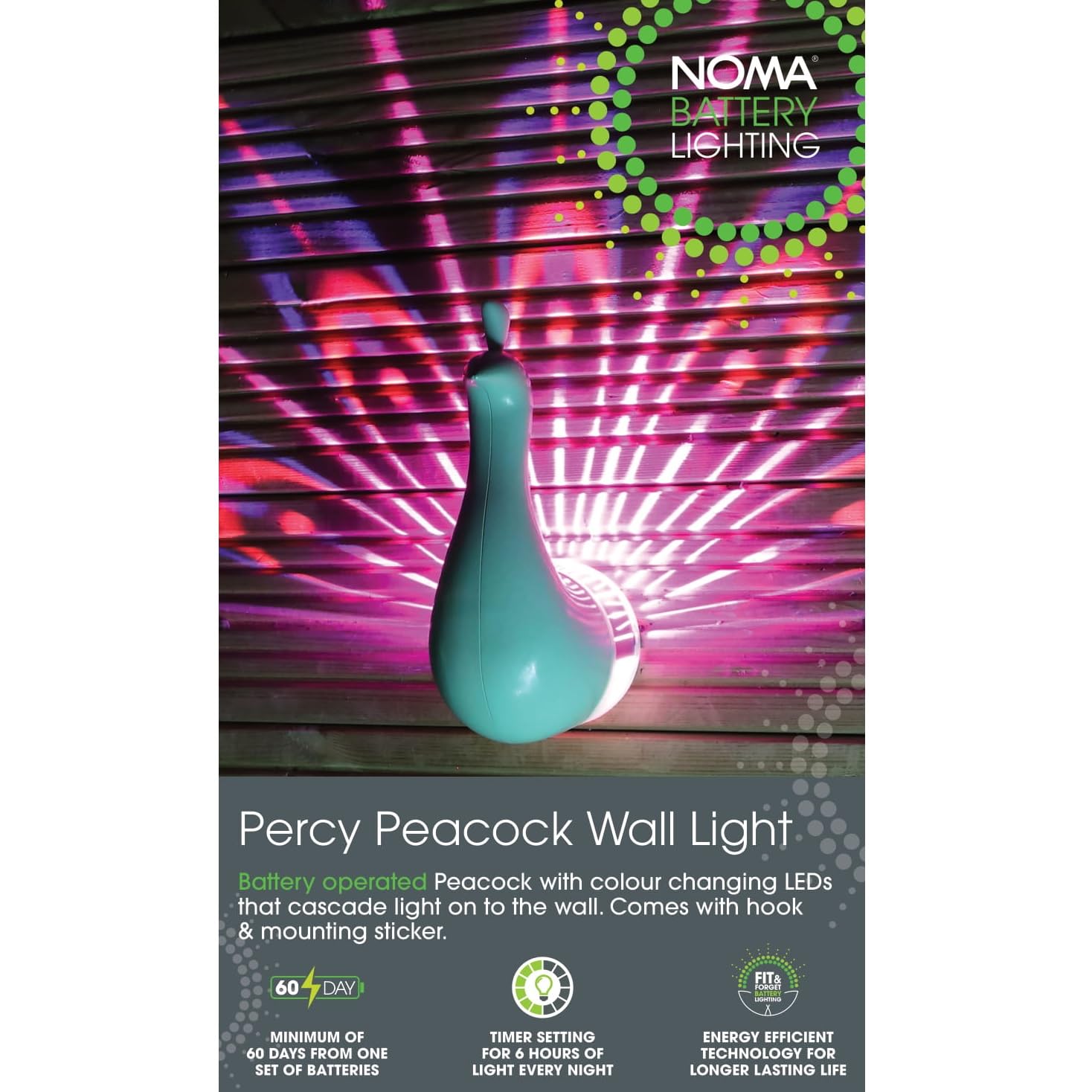 Noma Percy Peacock Wall Light, 20 cm, Battery Operated (Pack of 1)