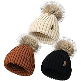 Kids Winter Hat Toddler Stretchy Knitted Beanie with Faux Fur Pom Poms Beanie for Baby Girls Boys