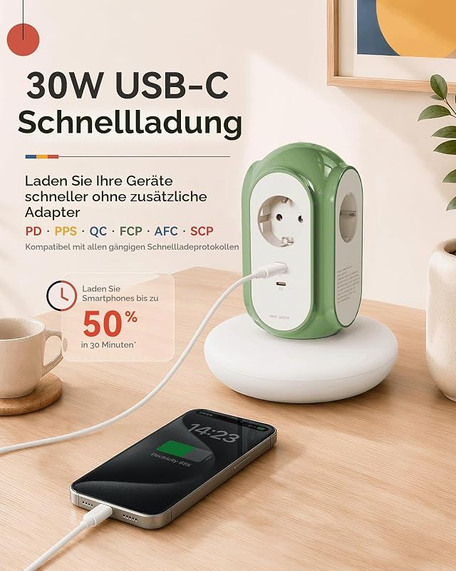 Steckdosenleiste mit 3 Steckdosen & 2 USB-C (30W Schnellladung), 3680W/16A, 1420J Überspannungsschutz, 479g Standfuß, 2 m Verlängerungskabel, Überlastschutz, kompatibel mit Typ C/E/F
