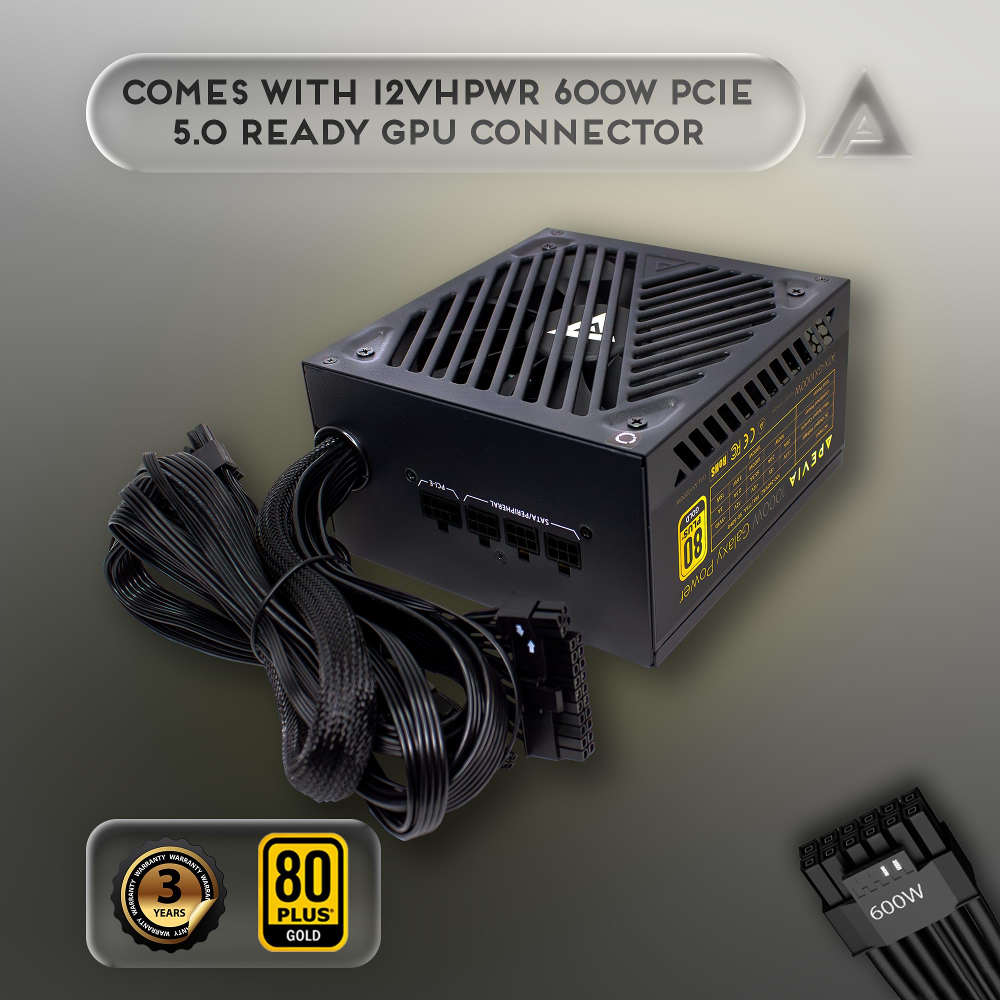 Apevia ATX-GX850W PCIe 5.0 & ATX 3.0 Ready Galaxy 850W 80+ Gold Certified, Gen 5 12VHPWR Connector, Active PFC ATX Semi-Modular Gaming Power Supply