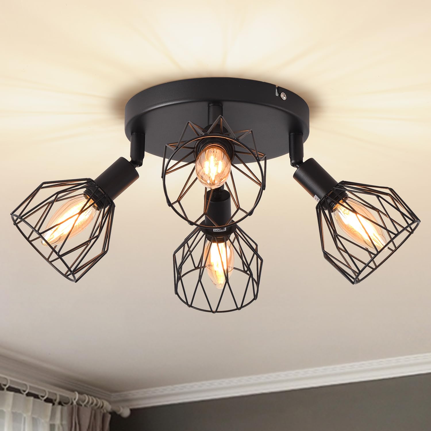 ANWIO Kitchen Lights Ceiling,Round 4 Way Black Lounge Wall Lights Wire Cage,SpotLights Ceiling Lights with E14 Base,Light Fittings Ceiling Lights for Kitchen Living Room Bedroom No Bulb