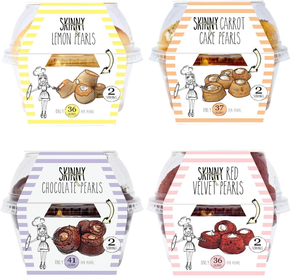The Skinny Bakery JUST The Pearls: Assortment of 10 Skinny Bakery Pearls Products. These portioned Packs of Reduced Calorie Frosting Filled Cakes Contain Approximately 6 Units Each