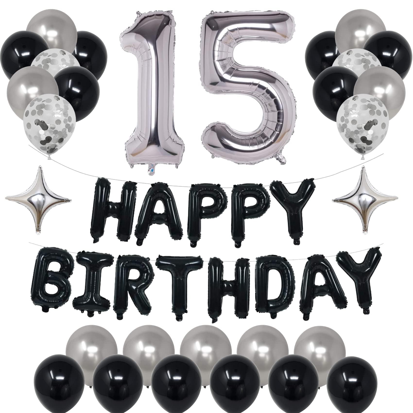Photo 1 of NANINUNENO 15th Black Silver Birthday Party Decorations for Boys Girls, Happy 15 Birthday Party Supplies with Black Happy Birthday Banner, Silver Foil Stars, Happy Birthday Balloons for 15th Birthday