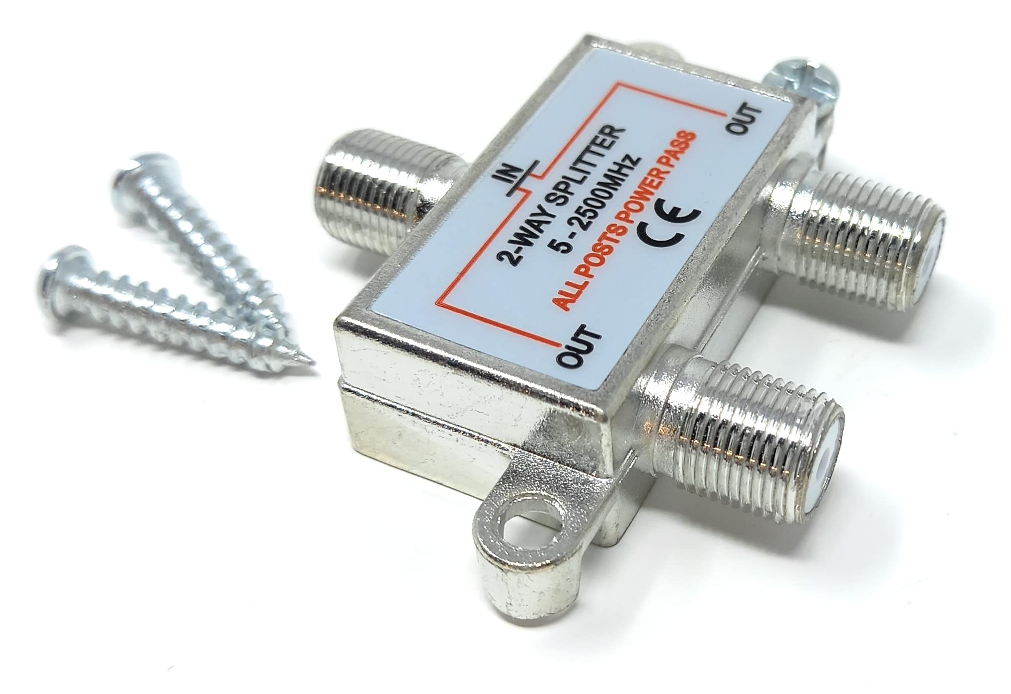 2 Way TV Splitter F-Type Screw-on Connectors RF Coaxial Cable Adapter, Passive Wideband Signal, 5-2500Mhz (1 In 2 Out)