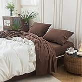 BDEAR 4PS Cocoa Brown Queen Size Bedding Set, Oeko-TEX Standard 100% Washed Cotton Linen Like Bedding Sheet Sets Cover Deep Pocket Fitted Sheet Plus Cozy Flat Sheet and 2 Pillowcases