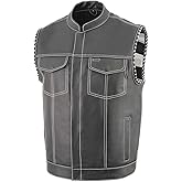 Milwaukee Leather MLM3509 Men's Black Premium Leather Vest - Old Glory Laced Armholes White Stitching Club Style Vest