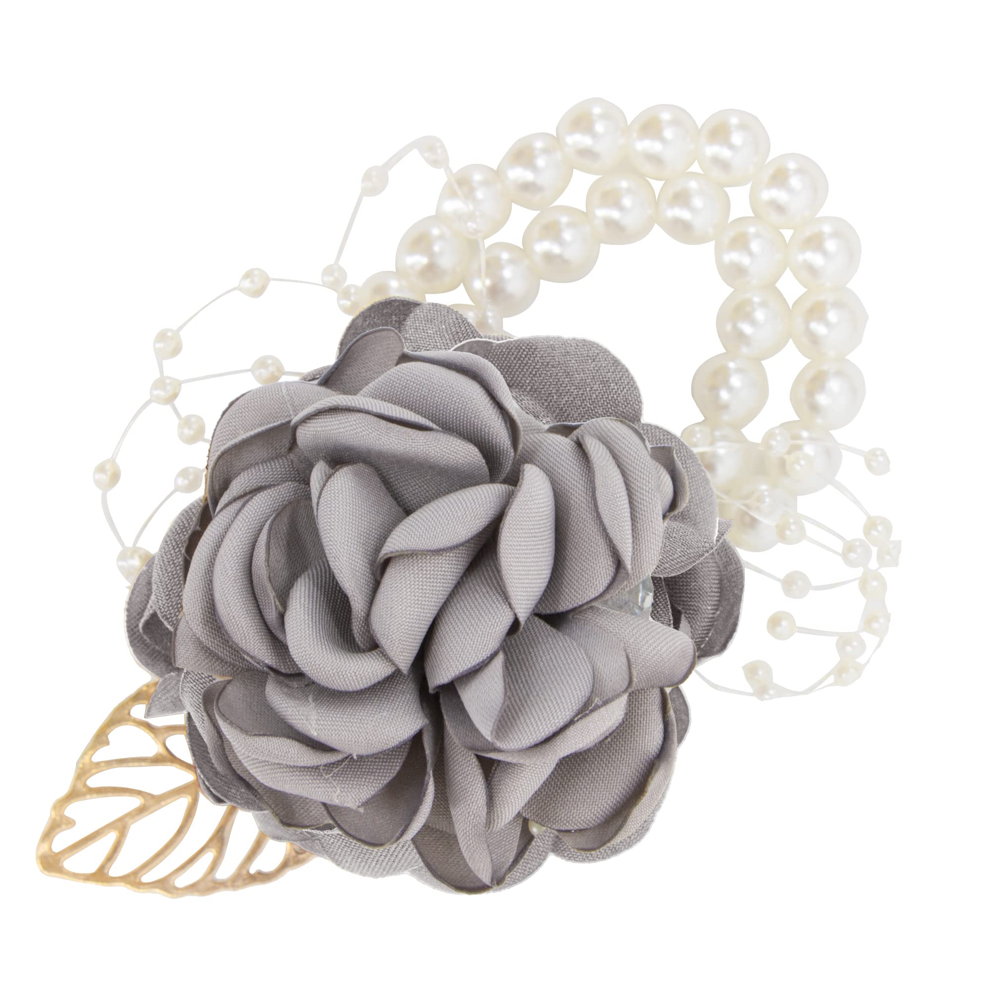 Time to Sparkle 9 * 7cm Rose Wrist Corsage Wristlet for Women Band Bracelet for Wedding Bride Bridesmaid Prom Party Decoration Grey