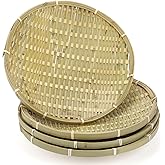 ZENFUN 4 Packs Bamboo Basket Tray, 12 In Round Hand Weave Bread Baskets for Serving, Woven Fruit Basket, Rattan Serving Basket for Garden, Daily Dinning, Kitchen Organization, Stackable