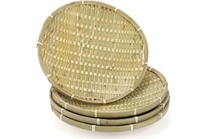 ZENFUN 4 Packs Bamboo Basket Tray, 12 In Round Hand Weave Bread Baskets for Serving, Woven Fruit Basket, Rattan Serving Baske