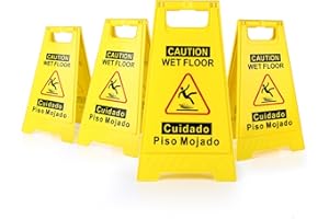 WOUSEDO 4-Pack Caution Wet Floor Sign,17.5" Height,Bright Yellow Double-Sided Folding A-Shaped Frame Design, Bilingual Caution Message