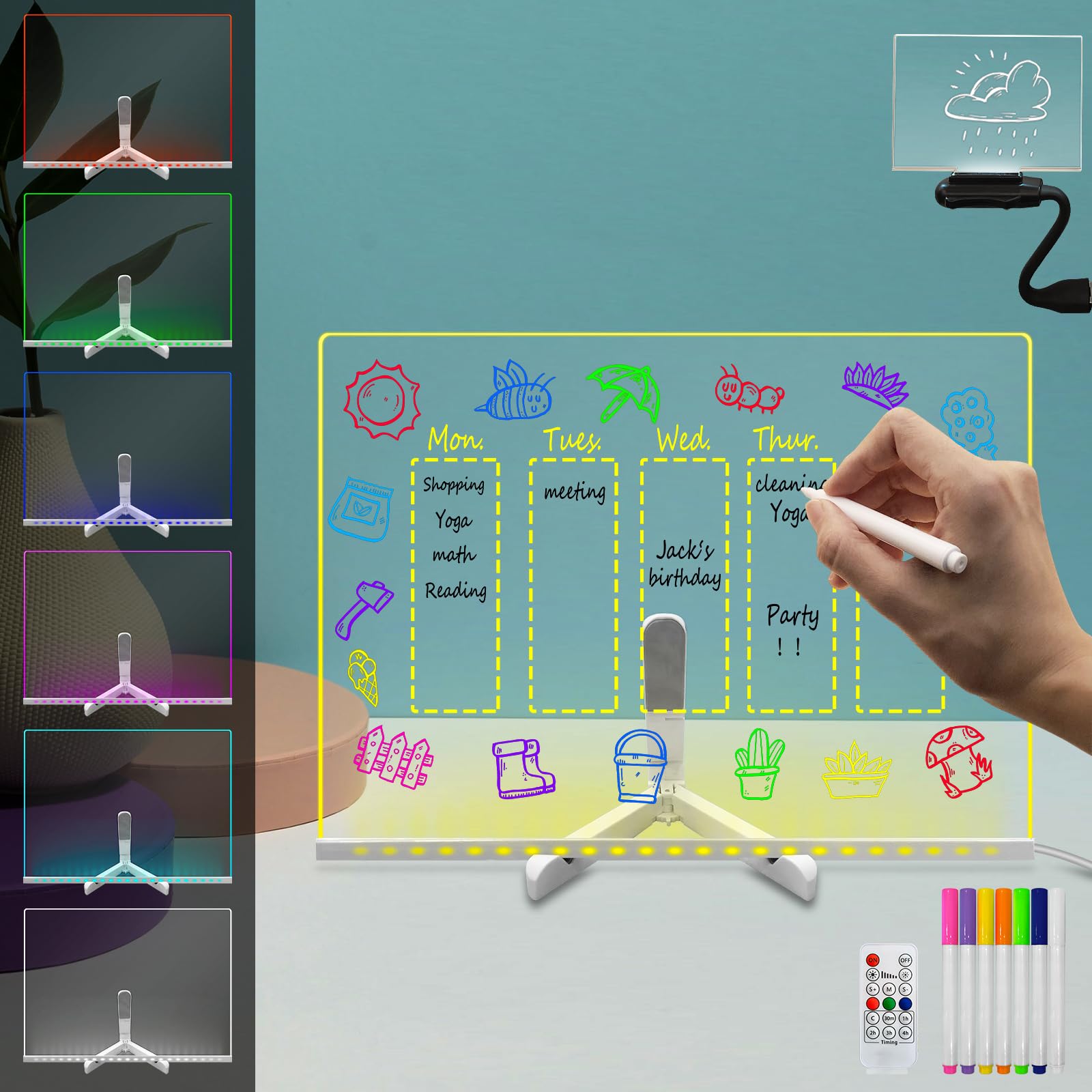 Dry Erase Board with Light Up Stand Acrylic LED Note Board Message Writing Memo Pad 7 Markers 7 Colors Change Remote Control Dimming Menu to do List for Home Office School （15"×11"）