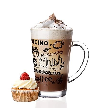 6 Latte Macchiato Gläser 300ml und 6 Edelstahl-Löffeln (gratis) Kaffee-Aufdruck
