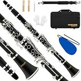 SONICAKE B Flat Clarinet for Intermediate Beginners &amp; Student | Upgraded Ebonite Bb Clarinet Silver-plated with 2 Barrels, 4C Mouthpiece, Hard Case, Cleaning Kit, Black