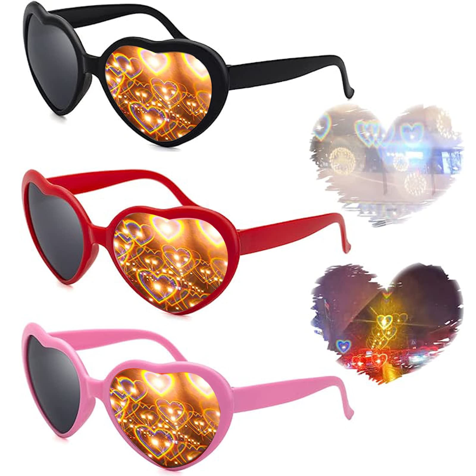 3 Pieces 3D Glasses Hearts Special Effects Glasses 3D Special Effect Glasses with Hearts Interesting Glasses Kaleidoscope Glasses For Mardi Gras Music Outdoor Party Bar Fireworks