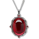 Real Metal Blood Red Oval Stone In Silver Finish Pewter Frame Pendant Necklace