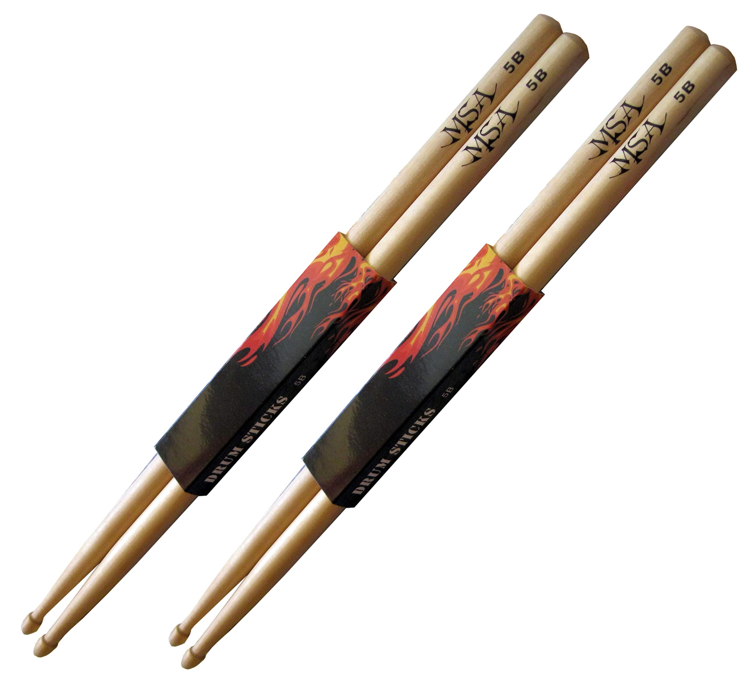 2 Pairs of Drumsticks — 5B — (4 Pieces) — Maple Wood — Mallet Sticks — Wooden Head — Drum Sticks — MSA — Impact Sticks 5B