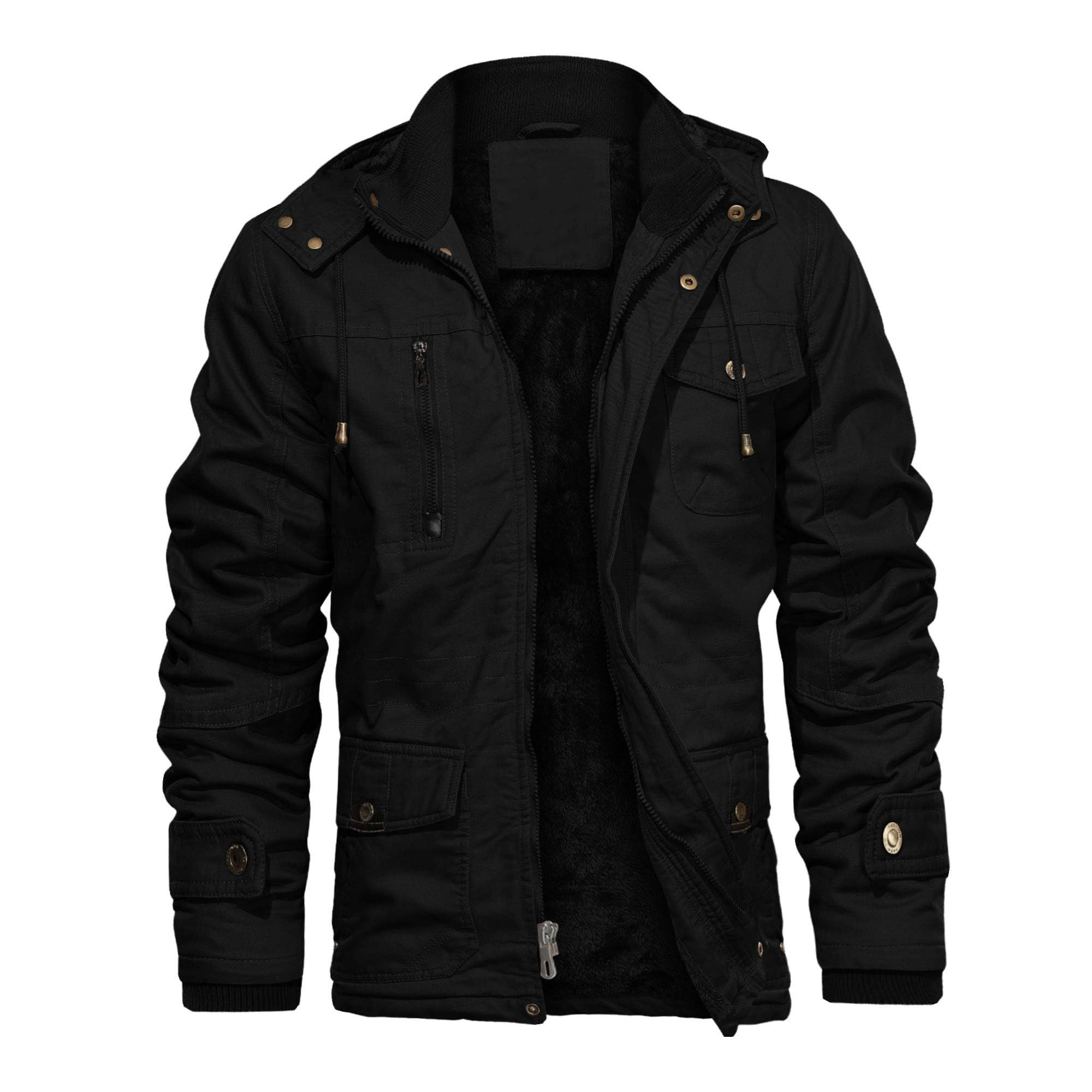 CHEXPEL Hooded Winter Jackets for Men Thick Military Jackets Thicken Casual Zip Out Coat Outerwear with Snap Pockets Black S Image
