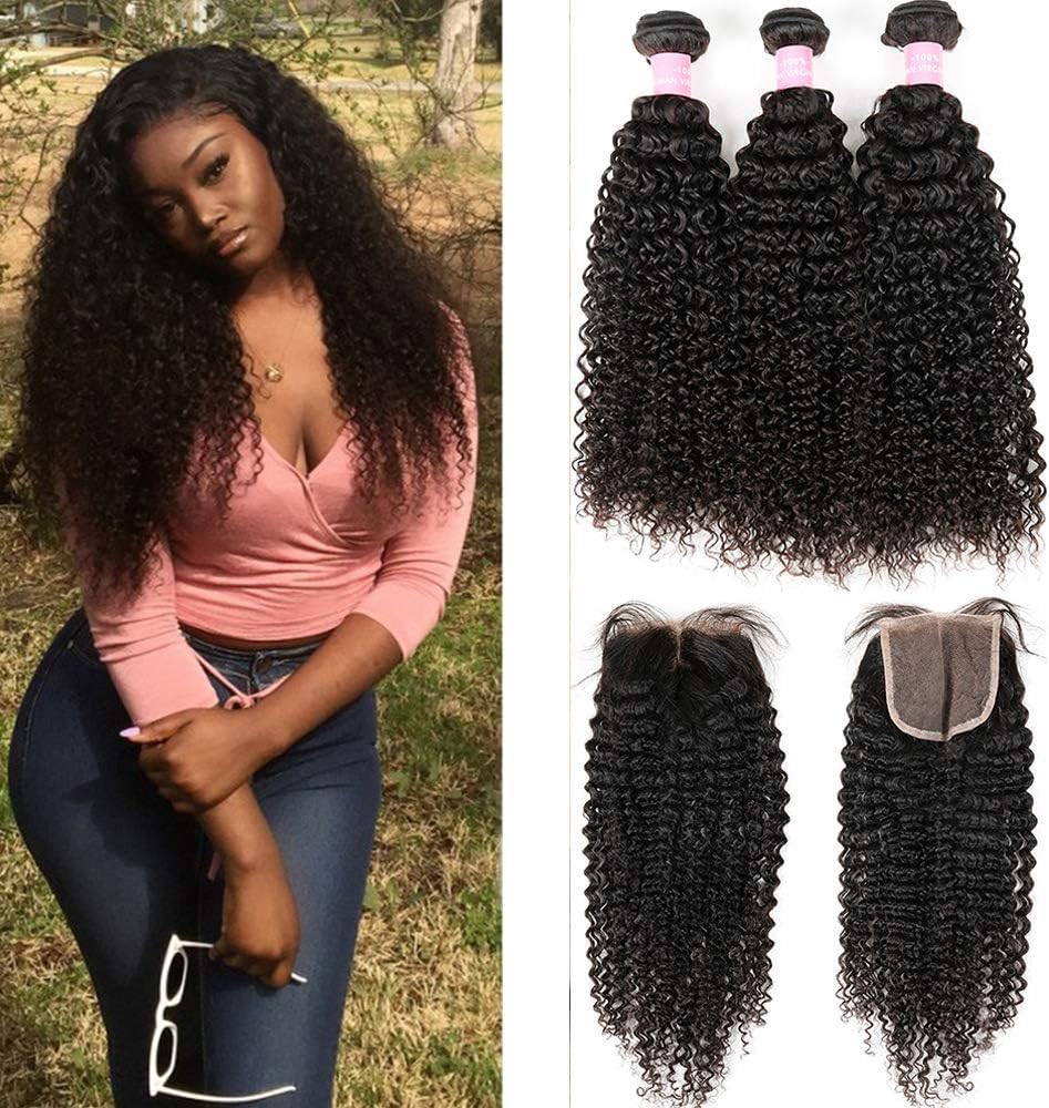 Miss GAGA Kinkys Curly Human Hair Bundles with Closure Middle Part 8A Brazilian Virgin Hair Weave Human Hair Bundles 4x4 Lace Closure 100% Human Hair Natural Black Color(10 12 14+10)
