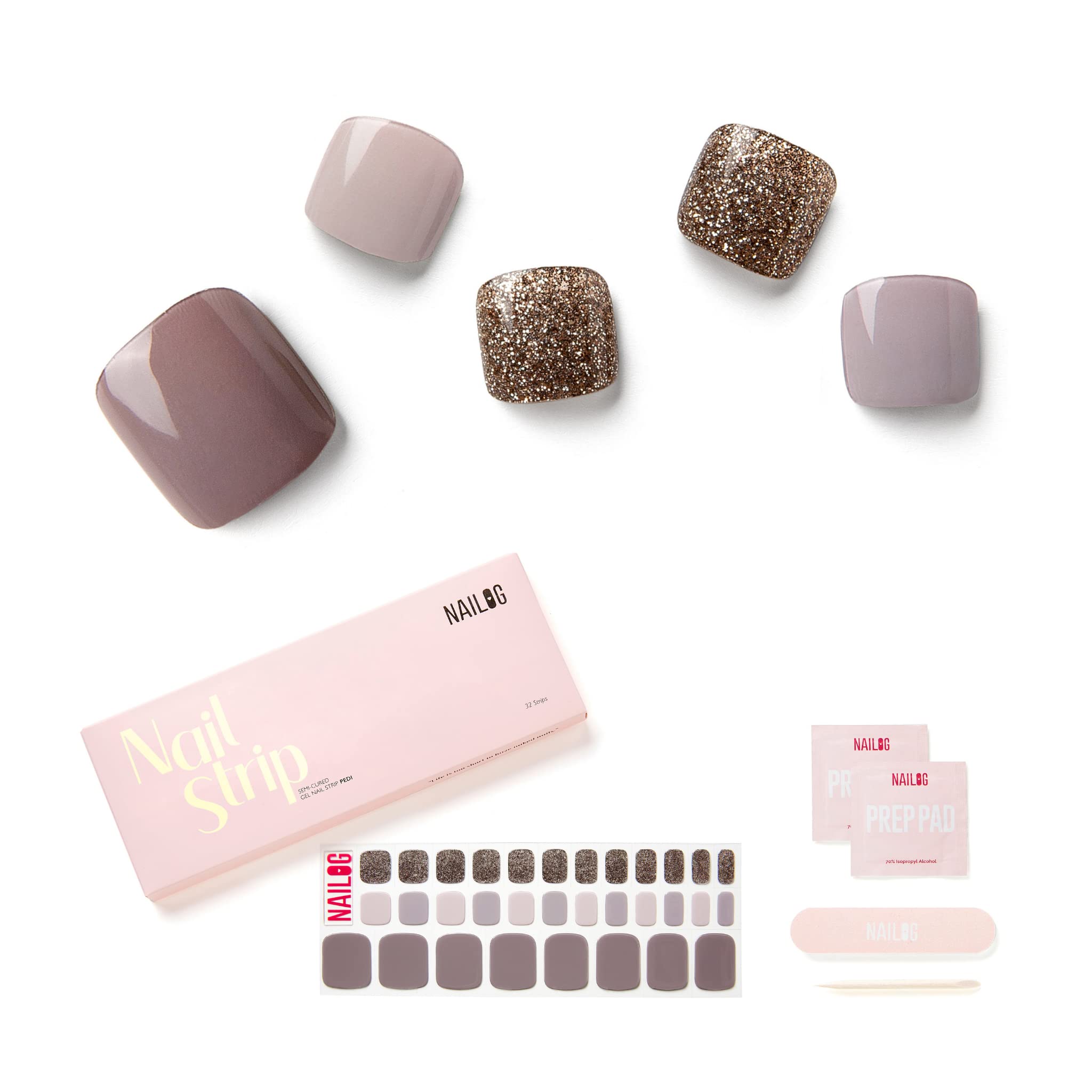 NAILOG Semi Cured Gel Nail Strips, Toe Nail Polish Strips with Glossy Gel Finishing | 32 Pieces Long Lasting Pedi Nail Wrap | Gray, Purple, Glitter | Last Night