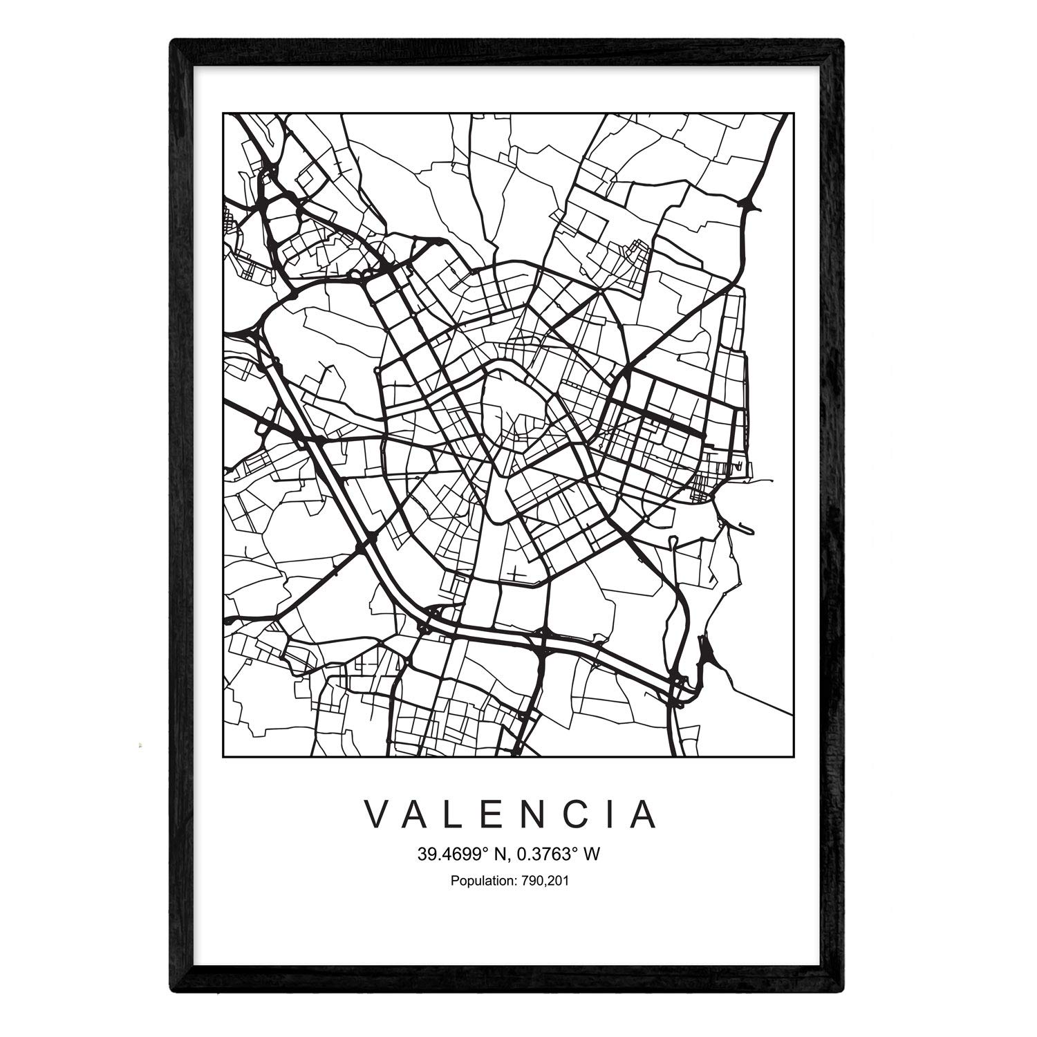 Nacnic Print city map Valencia Scandinavian style in black and white. Poster A4 Printed paper No 250 gr. Paintings, prints and posters for living room and bedroom